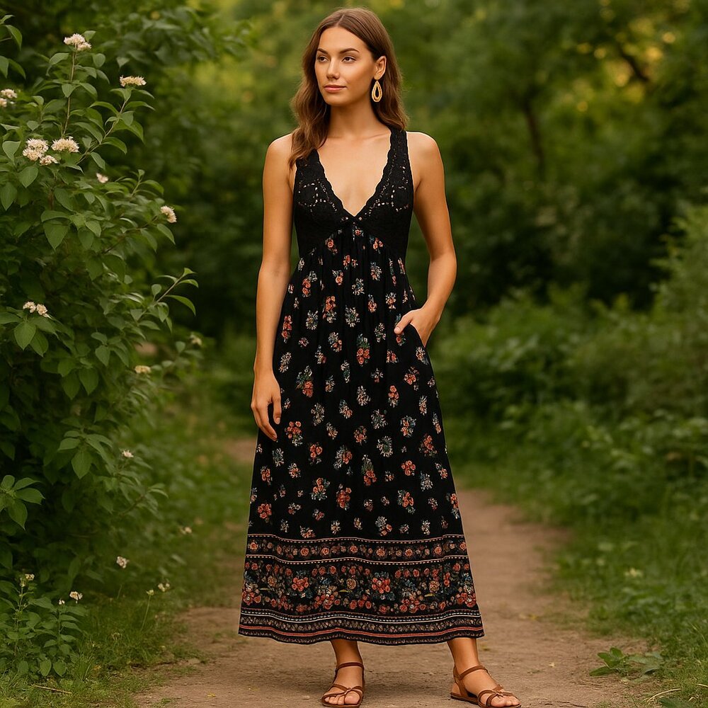 Angie Boho Black Crochet and Floral Dress Size Small